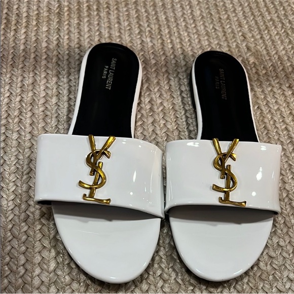 Saint Laurent White and Gold Slide Sandals - Picture 1 of 7